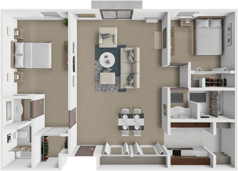 Floor plan for 2 beds, 2 baths, 970 sqft