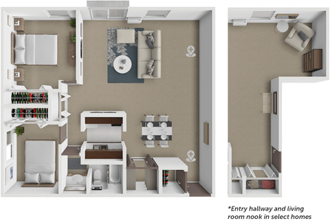 Floor plan for 2 beds, 1 bath, 940 sqft