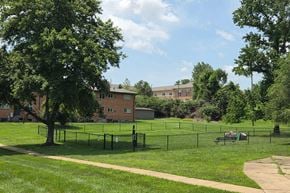 St. Louis apartment for rent - A green grassy field with a fence and a building in the background.