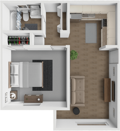 Floor plan for 1 bed, 1 bath, 725 sqft
