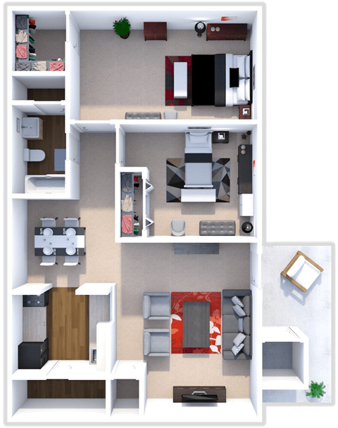 Floor plan for 2 beds, 1 bath, 950 sqft