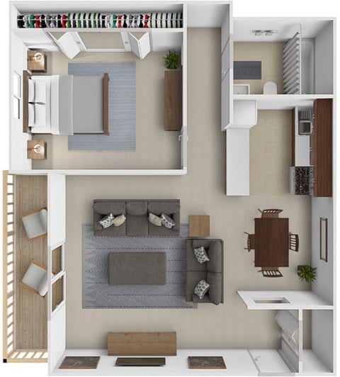 Floor plan for 1 bed, 1 bath, 741 sqft