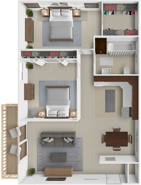 Floor plan for 2 beds, 1 bath, 1000 sqft