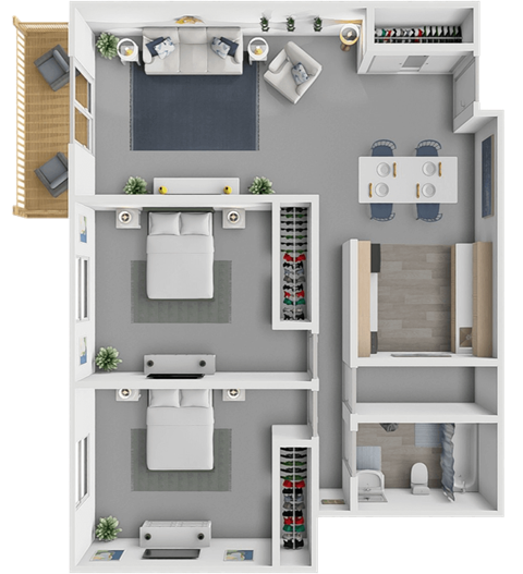 Floor plan for 2 beds, 1 bath, 865 sqft
