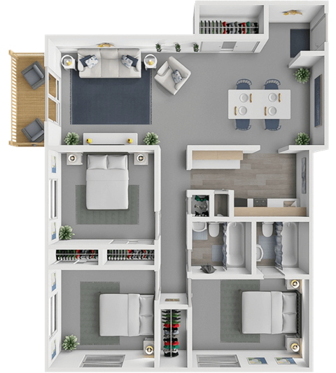 Floor plan for 3 beds, 2 baths, 1200 sqft