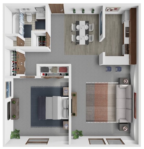 Floor plan for 1 bed, 1 bath, 884 sqft