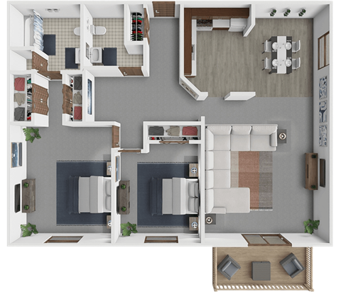 Floor plan for 2 beds, 1.5 baths, 1097 sqft