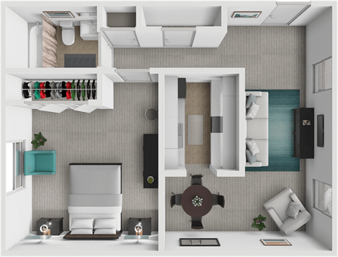 Floor plan for 1 bed, 1 bath, 750 sqft