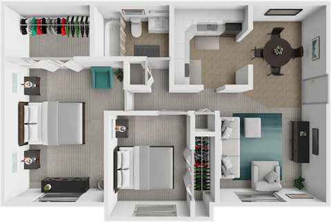 Floor plan for 2 beds, 1 bath, 940 sqft