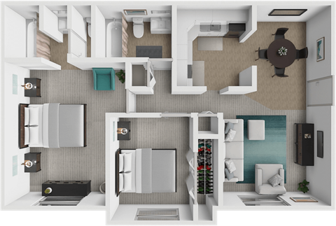 Floor plan for 2 beds, 2 baths, 940 sqft