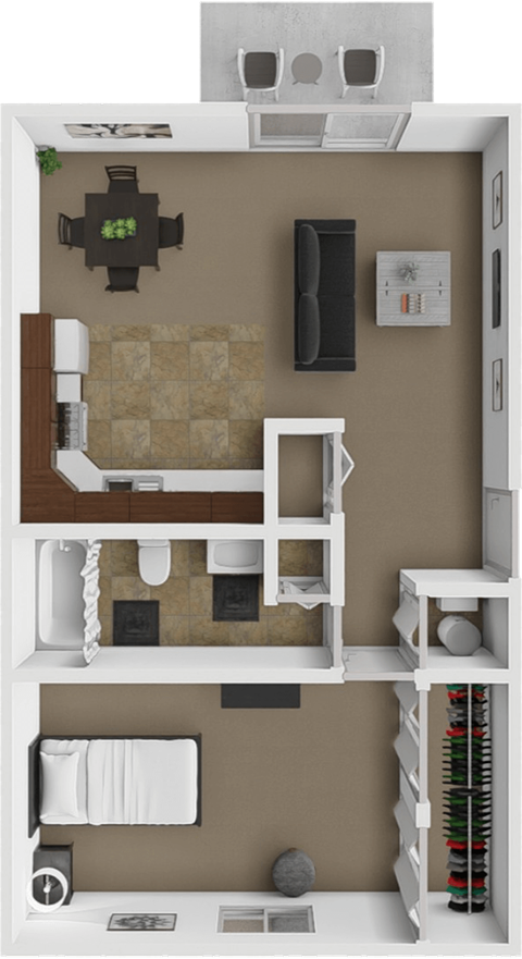 Floor plan for 1 bed, 1 bath, 587 sqft