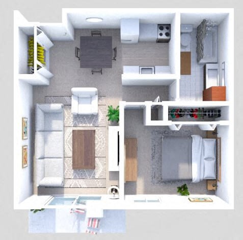 Floor plan for 1 bed, 1 bath, 700 sqft