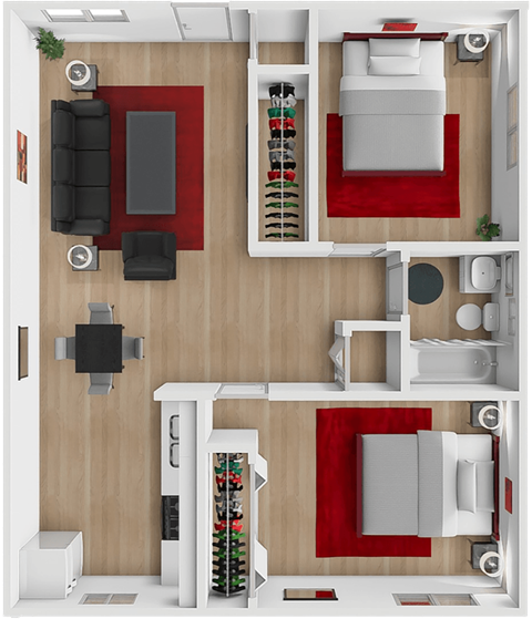 Floor plan for 2 beds, 1 bath, 900 sqft