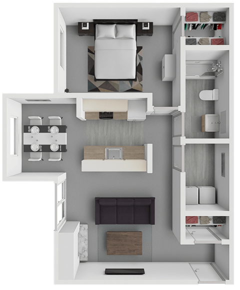 Floor plan for 1 bed, 1 bath, 707 sqft