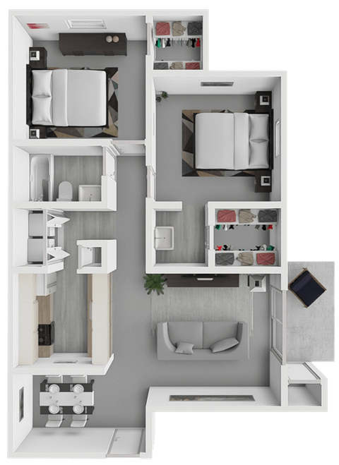 Floor plan for 2 beds, 1 bath, 865 sqft