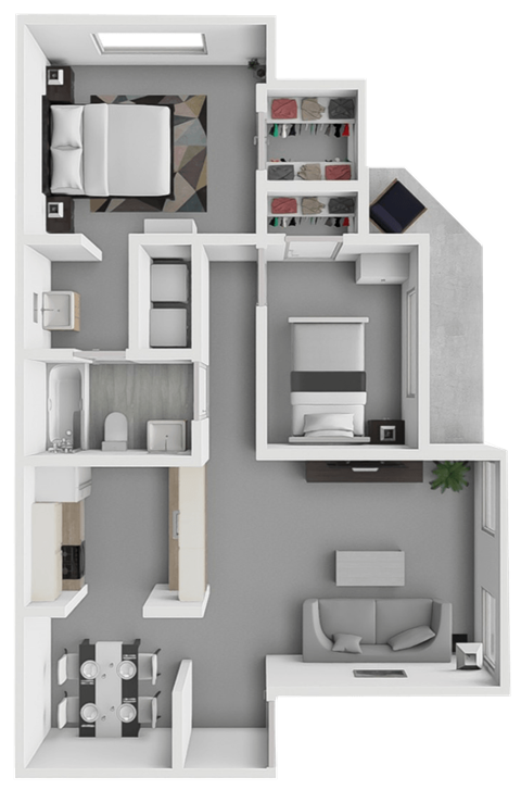 Floor plan for 2 beds, 1 bath, 796 sqft