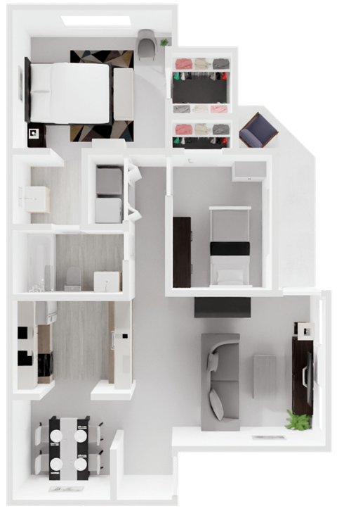 Floor plan for 2 beds, 1 bath, 796 sqft