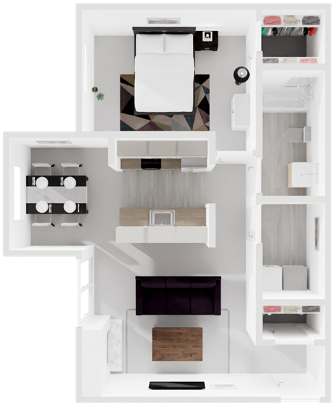 Floor plan for 1 bed, 1 bath, 707 sqft