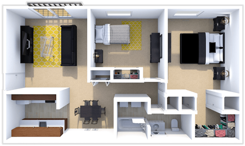 Floor plan for 2 beds, 1 bath, 900 sqft