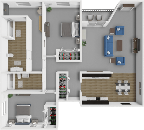 Floor plan for 2 beds, 2 baths, 1100 sqft