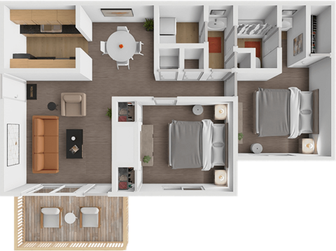Floor plan for 2 beds, 1 bath, 950 sqft