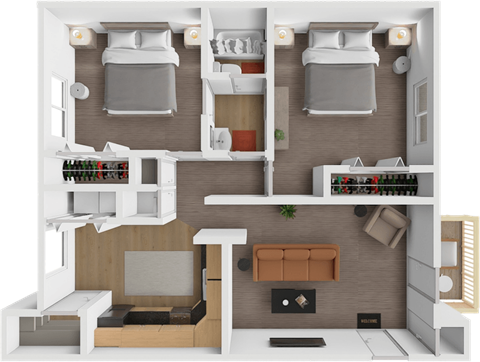 Floor plan for 2 beds, 1 bath, 905 sqft