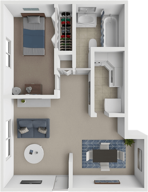 Floor plan for 1 bed, 1 bath, 587 sqft