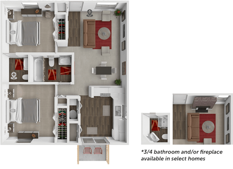 Floor plan for 2 beds, 1.5 baths, 850 sqft