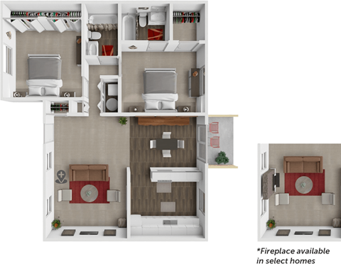 Floor plan for 2 beds, 2 baths, 984 sqft