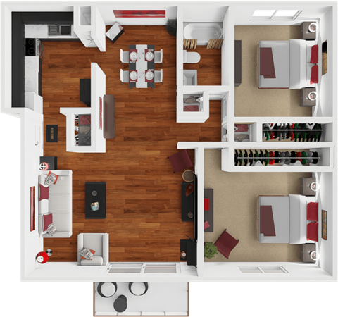 Floor plan for 2 beds, 1 bath, 950 sqft