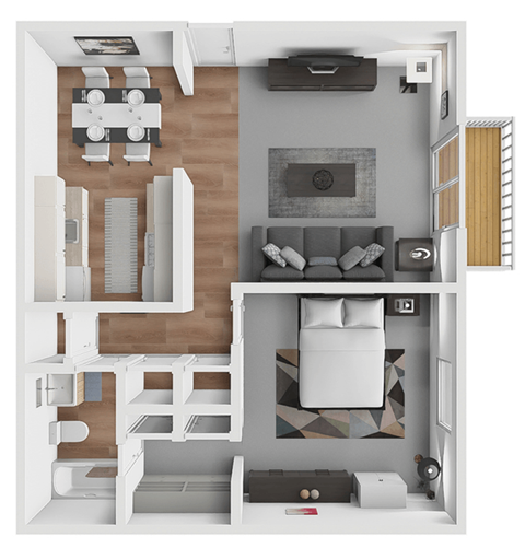 Floor plan for 1 bed, 1 bath, 688 sqft