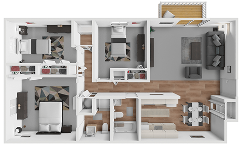 Floor plan for 3 beds, 2 baths, 1088 sqft