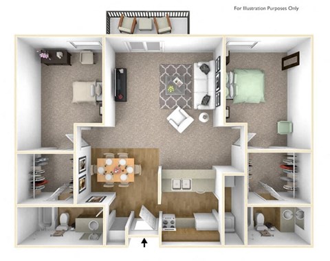 Floor plan for 2 beds, 2 baths, 1018 sqft