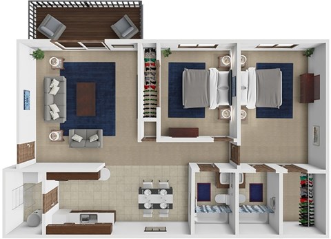 Floor plan for 2 beds, 2 baths, 1052 sqft