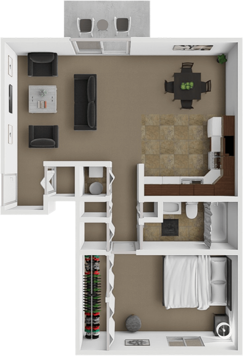 Floor plan for 1 bed, 1 bath, 621 sqft