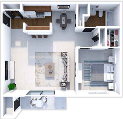 Floor plan for 1 bed, 1 bath, 750 sqft