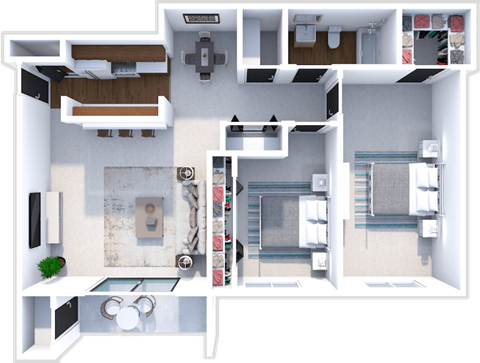 Floor plan for 2 beds, 1 bath, 950 sqft