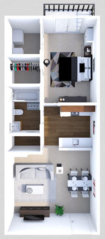 Floor plan for 1 bed, 1 bath, 600 sqft