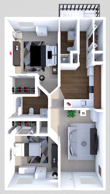 Floor plan for 2 beds, 2 baths, 900 sqft