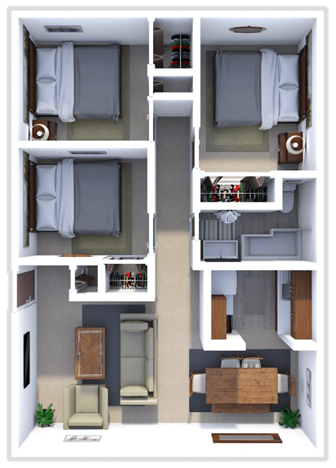 Floor plan for 3 beds, 1 bath, 950 sqft