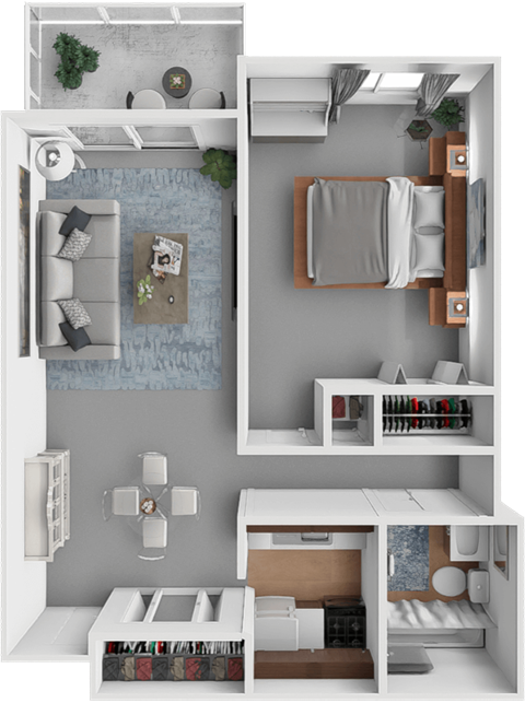 Floor plan for 1 bed, 1 bath, 696 sqft