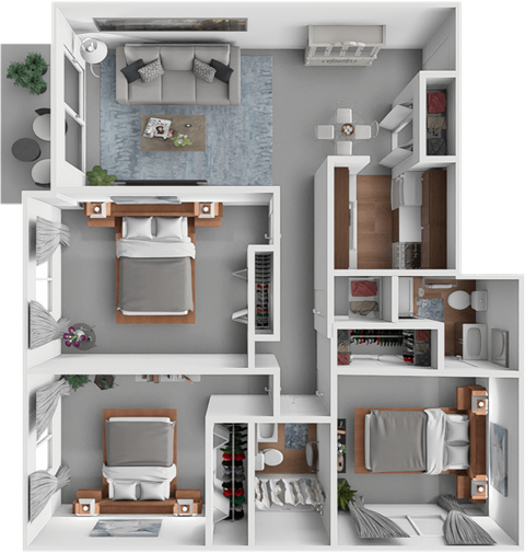 Floor plan for 3 beds, 2 baths, 1096 sqft