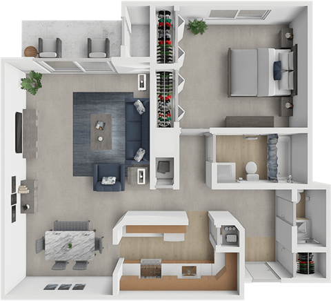 Floor plan for 1 bed, 1.5 baths, 843 sqft