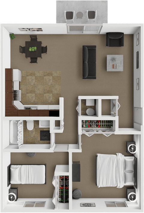 Floor plan for 2 beds, 1 bath, 734 sqft