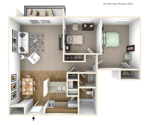 Floor plan for 2 beds, 1 bath, 863 sqft