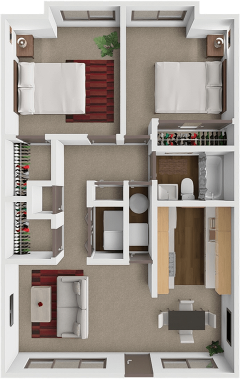 Floor plan for 2 beds, 1 bath, 920 sqft
