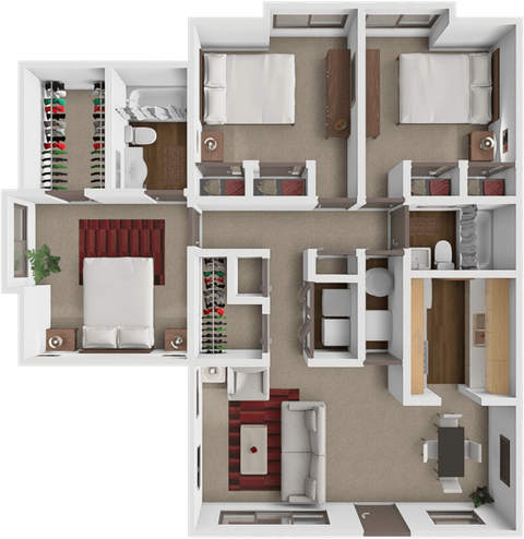 Floor plan for 3 beds, 2 baths, 1100 sqft