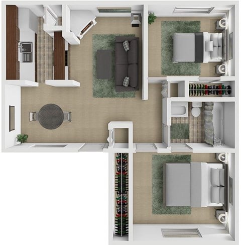 Floor plan for 2 beds, 1 bath, 725 sqft