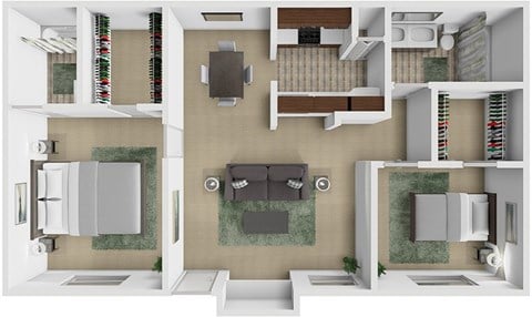 Floor plan for 2 beds, 2 baths, 850 sqft