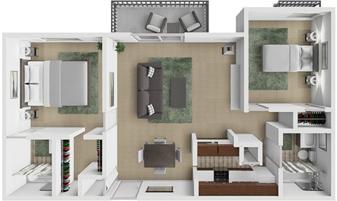 Floor plan for 2 beds, 2 baths, 725 sqft
